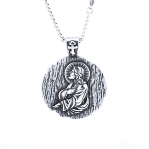 Vintage silver stainless steel round pendant with relief Jesus portrait and cross engraving