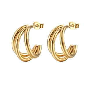 Golden multi-layer C-shaped stainless steel earrings in a triple hoop minimalist design