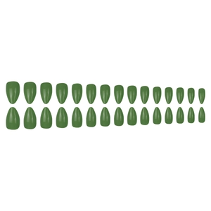 Glossy forest green almond-shaped press-on nails set of 24 pieces on white background