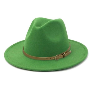 Detail of green wide brim wool fedora with brown faux leather belt and gold buckle