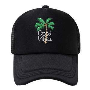 Black mesh trucker hat with green palm tree print and Good Vibes text for summer sun protection