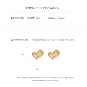 Detailed sizing and material specifications for gold heart earrings with silver needles