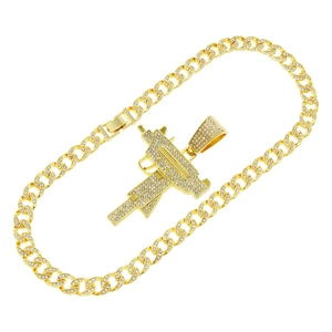 Hip hop cuban chain necklace with a gun pendant encrusted in glittering gold crystals