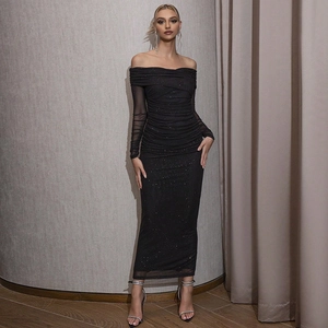 Robe Longue À Épaules Dénudées Manches Longues Plissée Maille Pailletée Élégante Soirée Cocktail Femmes