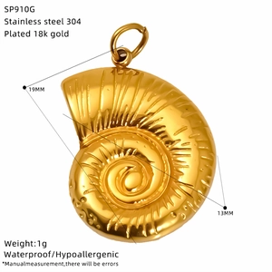 Detail of 18k gold plated stainless steel nautilus pendant with size 19mm x 13mm info
