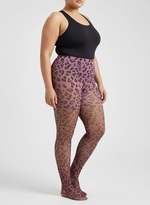 Vue détaillée de collants léopard grande taille en tissu élastique magenta et noir