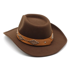 Close-up of deep brown wool felt cowboy hat with silver studded leather band detail