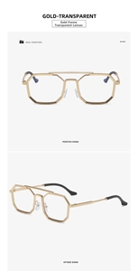 Detail view of steampunk gold metal polygon sunglasses with double bridge and clear lenses