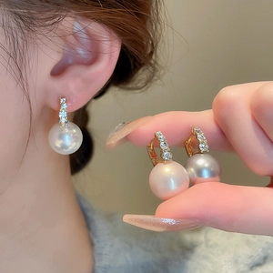 Vintage pearl drop earrings with triple rhinestones in ivory, pink, and grey