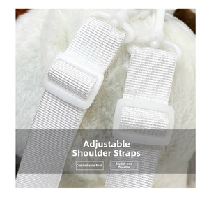 Detail of adjustable white nylon shoulder straps and plastic buckles on a plush cat bag