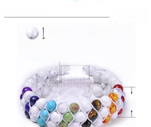 Bracciale intrecciato a tre strati in howlite 6 mm e chakra con dettagli dimensionali