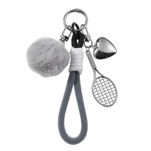 Chic keychain with grey faux fur pompom, silver tennis racket, heart charm and woven strap