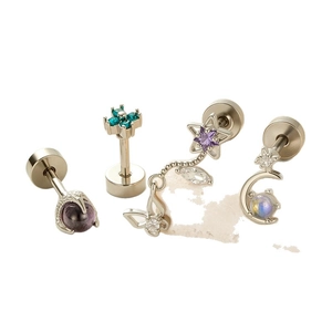 Silver stainless steel stud earrings set with purple zircon and butterfly design