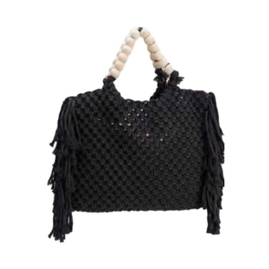 Handwoven black crossbody mini bag with side tassels and wooden bead handle decoration