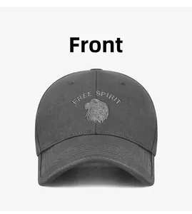 Detailed front view of grey baseball cap featuring premium eagle embroidery and Free Spirit text