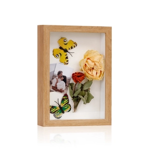Natural wood hollow shadow box frame with dried flowers and butterfly decorations