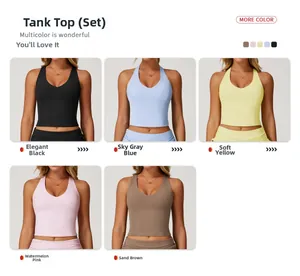 Close-up of seamless racerback yoga sports bras in five vibrant pastel matte colors