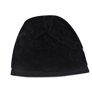 Cozy black faux fur winter beanie hat with ribbed cuff and warm thermal plush material