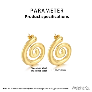 Detailansicht goldener Edelstahl-Spiralohrringe mit 30x27mm Maßen und 9g Gewicht
