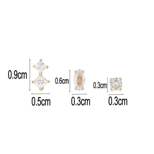 Three geometric S925 silver stud earrings with clear zircons and detailed size measurements