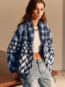 Women Knit Cardigan Sweater Geometric Pattern V Neck Loose Long Sleeve Retro Y2K Soft Warm Casual Outerwear