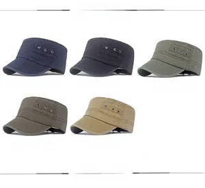 Flat top army caps in navy, black, green, brown, and khaki with side metal eyelets