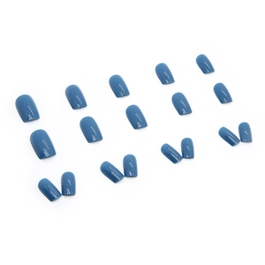 Glossy haze blue square press-on nails set in various sizes on white background