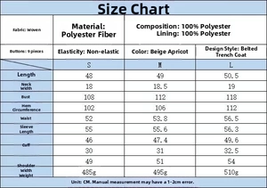 Detailed size guide for belted trench coat with chest, sleeve, and length measurements