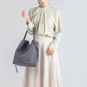 Deep grey hand-woven PU leather tote bag with large capacity in a stylish bucket shape