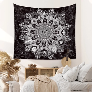 Bohemian black wall tapestry with white zodiac mandala and stars for home decor