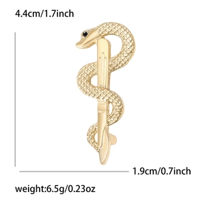Detailed view of snake and staff brooch with precise size 1.7x0.7 inch and weight specs
