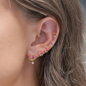 Detailed view of pink zircon earrings set featuring heart, star, and planet designs