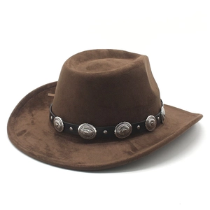 Detailed view of dark brown suede cowboy hat with leather band and metal buckle