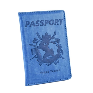 Blue PU leather passport cover with world map embossed design and happy travel slogan
