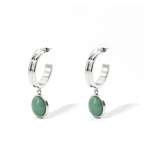 Minimalist green aventurine stone earrings with silver C-shape hoops on white background