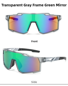 Transparent grey cycling sunglasses with green mirrored lens shown in front and side views