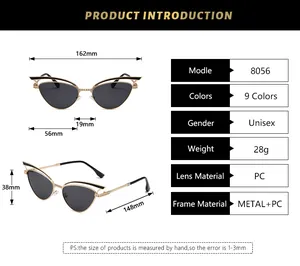 Detaillierte Größentabelle für Cat-Eye-Sonnenbrillen Modell 8056 mit Metallrahmen-Maßen