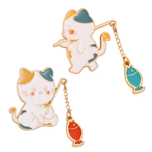 Cute set of two white calico cat fishing enamel pins with delicate gold chains