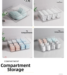 Detailed comparison of transparent drawer organizers with no grid, 4, 8, and 16 compartments
