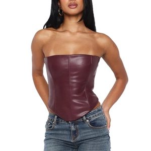 Corset bustier en similicuir bordeaux avec baleines et ourlet en V pour femmes