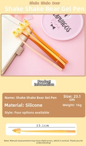 Detail showing Shake Shake Bear gel pen weighing 16g and measuring 23.1cm in length