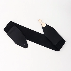Detail of black elastic belt featuring a polished gold metal buckle on high-quality fabric