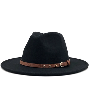 Classic black wool fedora hat for women with brown leather belt and gold buckle details