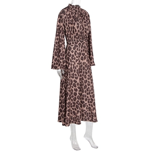 Detail view of leopard print maxi dress featuring high neck design and long sleeves