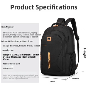 Technical size guide for oxford fabric backpack showing 31x13x45cm dimensions and features