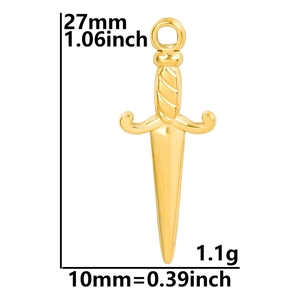 Minimalist 18k gold plated stainless steel sword pendant with size dimensions 27x10mm