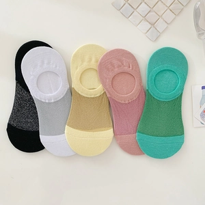 Five pairs of colorful women's invisible socks with sparkling metallic silk threads