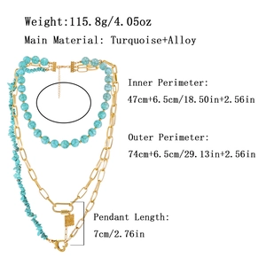 Bohemian multilayer turquoise stone necklace with gold alloy chains and specifications