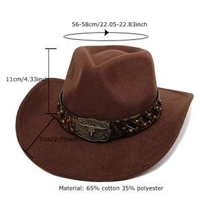 Chapeau de cowboy marron avec boucle tête de taureau et bande imprimé léopard