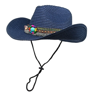 Dark blue straw cowboy hat with ethnic beaded trim and adjustable chin strap
